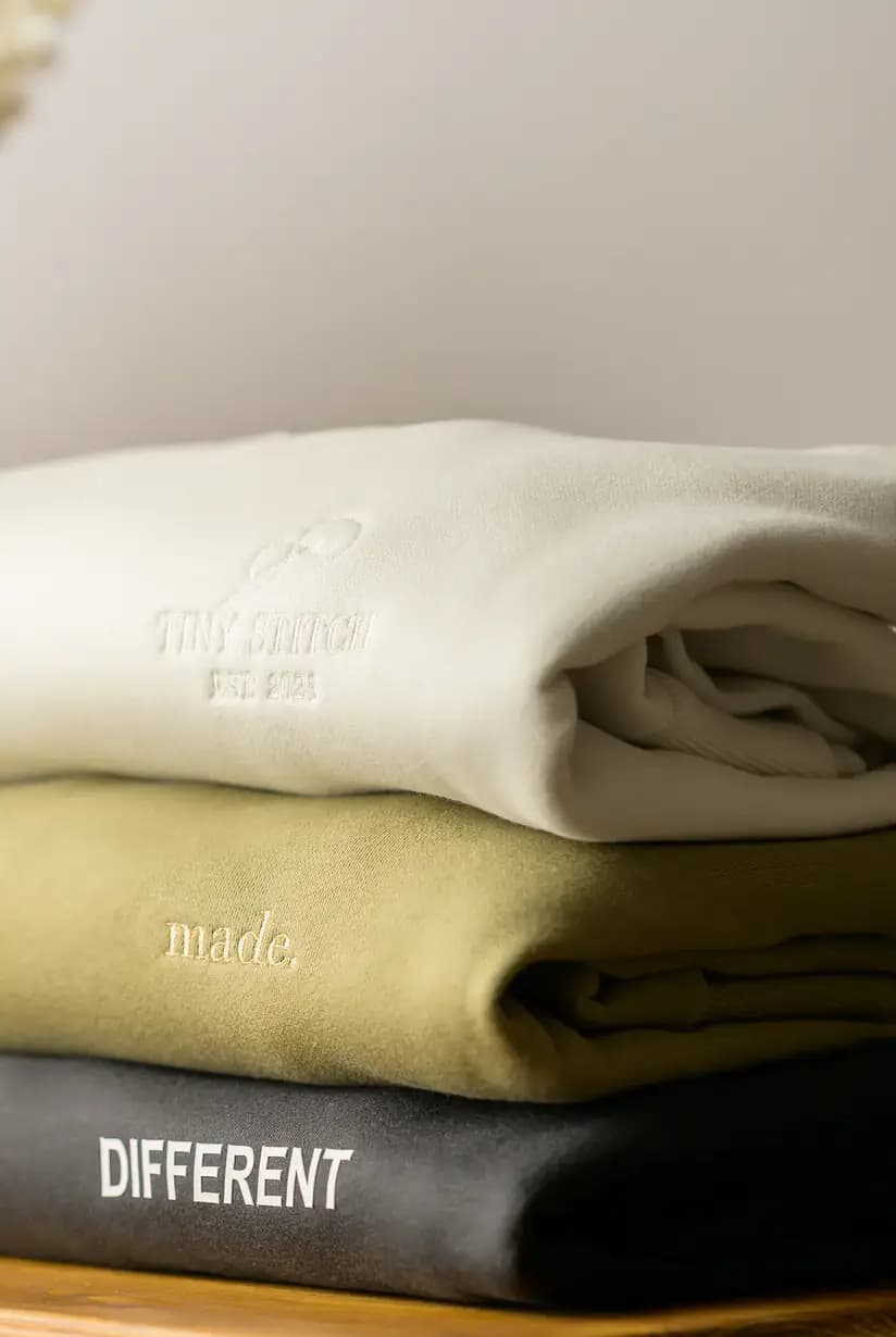 Folded embroidered sweatshirts in cream, sage and charcoal beside a vase of flowers